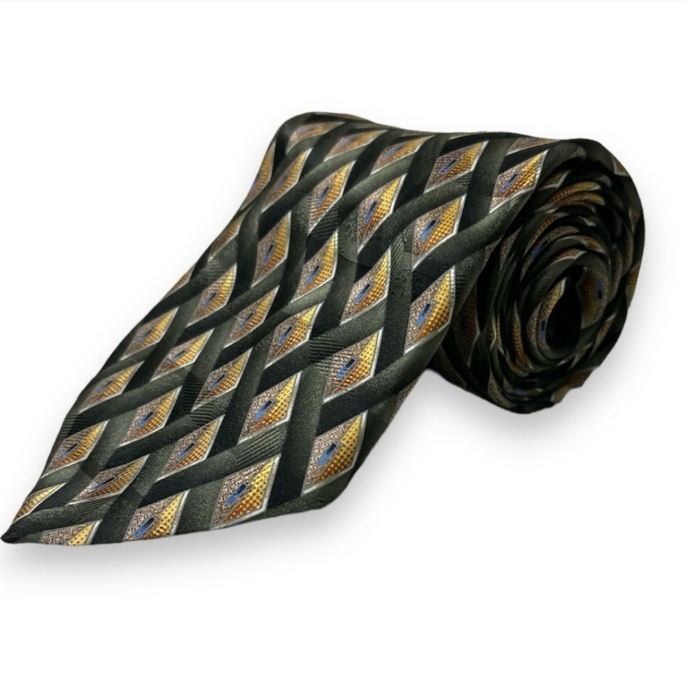 JOS. A. BANKS Green & Gold Diamond Pattern Silk Tie